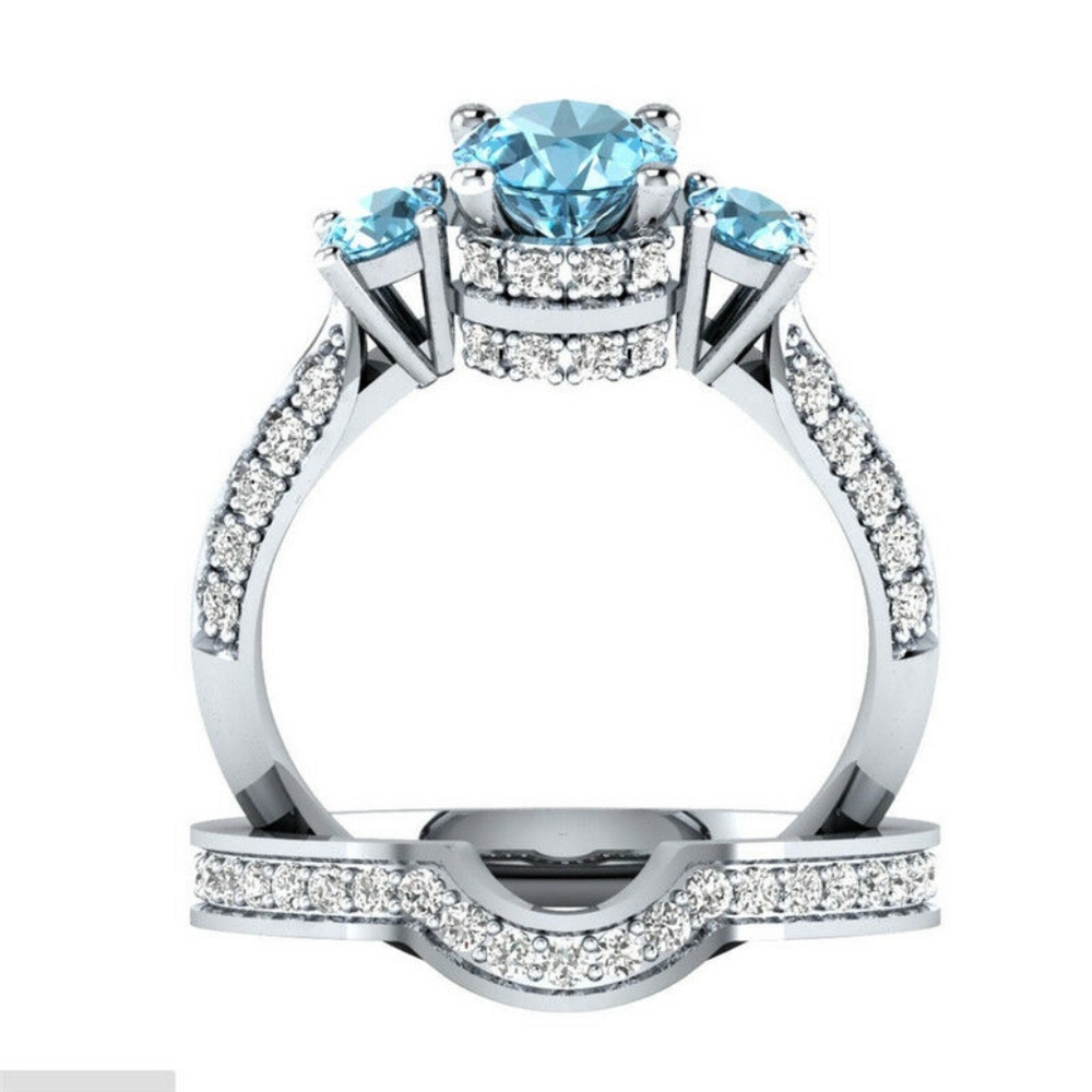 Luxury 925 Silver Round Cut Aquamarine Ring New - Picture 2 of 3